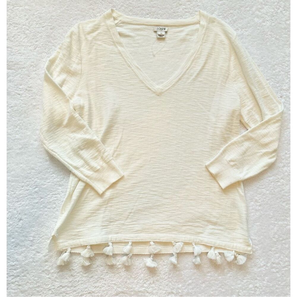 Women’s off white J. Crew tassel top size XS 3/4 sleeve - Picture 2 of 6